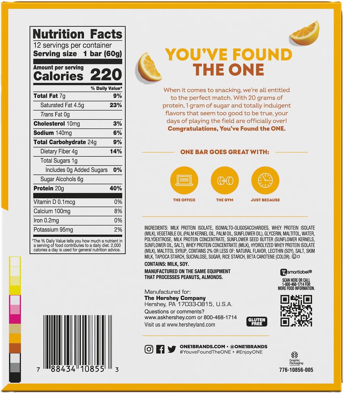 ONE Protein Bar, 20g Protein and 1g Sugar, 2.12 oz (12 Bars)